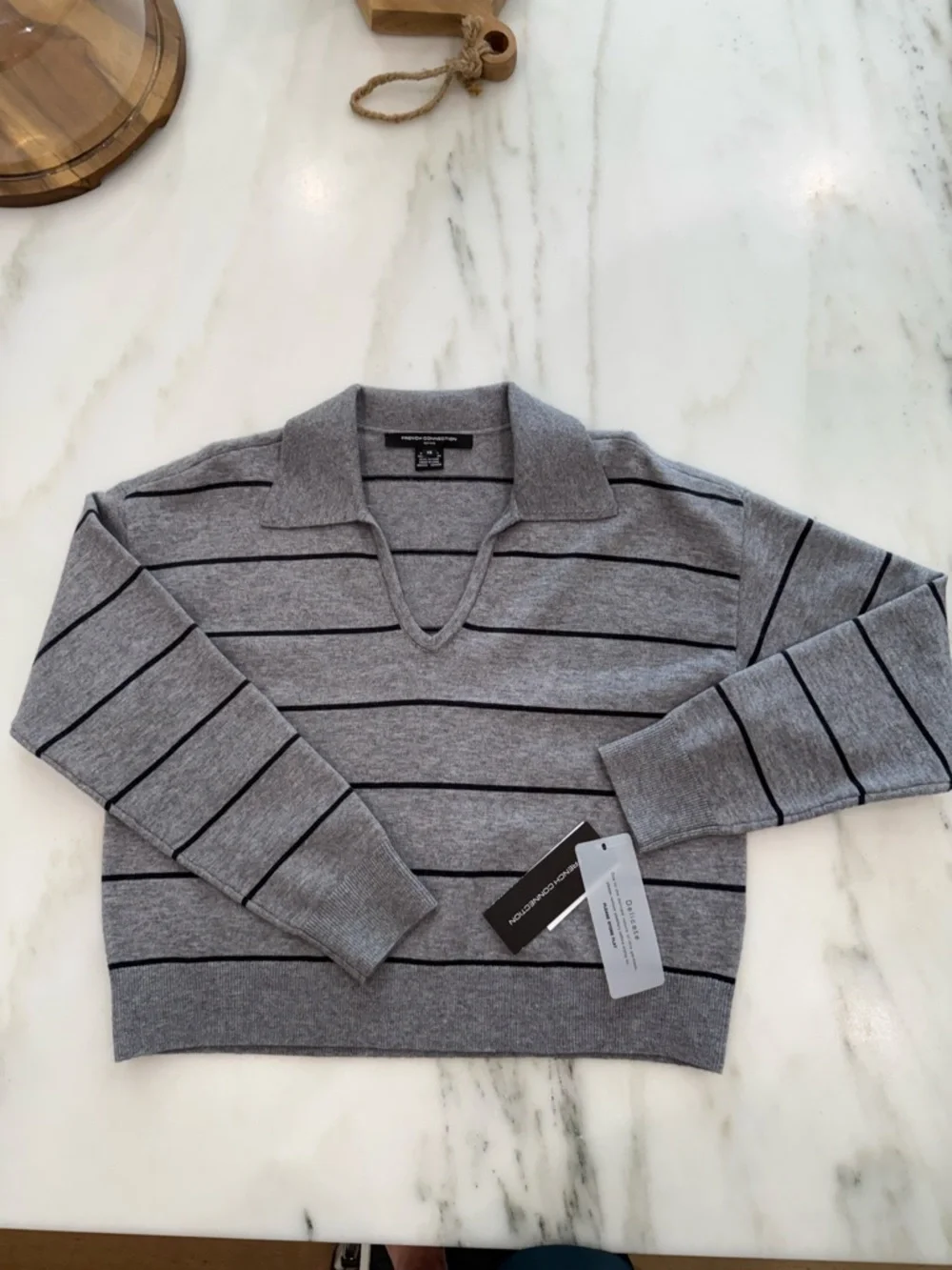 French Connection Gray Striped Collared V-Neck Sweater - Picture 4 of 5